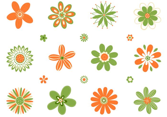 Retro Orange Green Flowers Vector Set