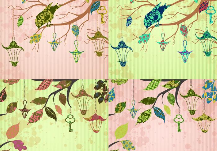 Patchwork Bird and Key Backgrounds Vector