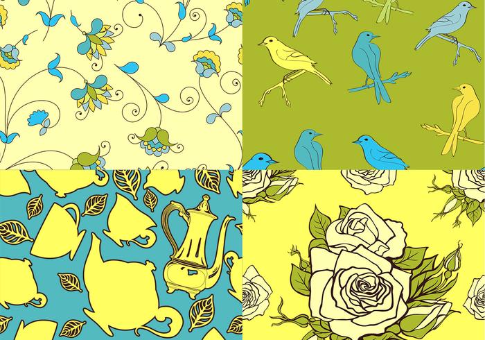 Teatime Bird and Floral Vector Patterns