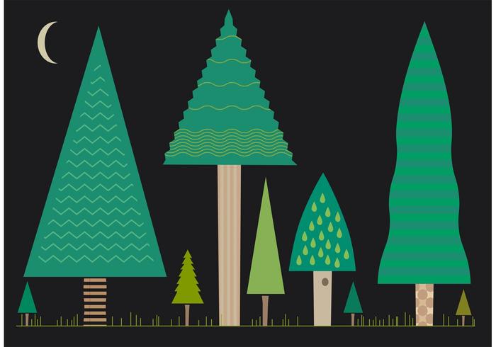 Set of Flat Tree Vectors at Night Set of Flat Tree Vectors at Night