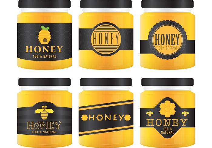 Vectores y etiquetas del tarro de la miel