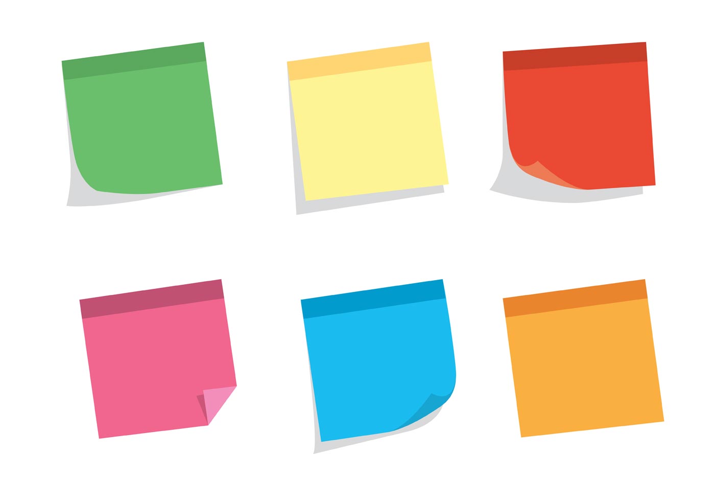 Multicolor post it notes isolated on transparent background. Colored sticky  note set. Vector realistic illustration. Sticky note collection with curled  corners and shadows. Stock Vector