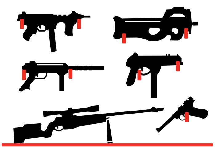 Colección de rifles y formas de armas colgando en la pared vector