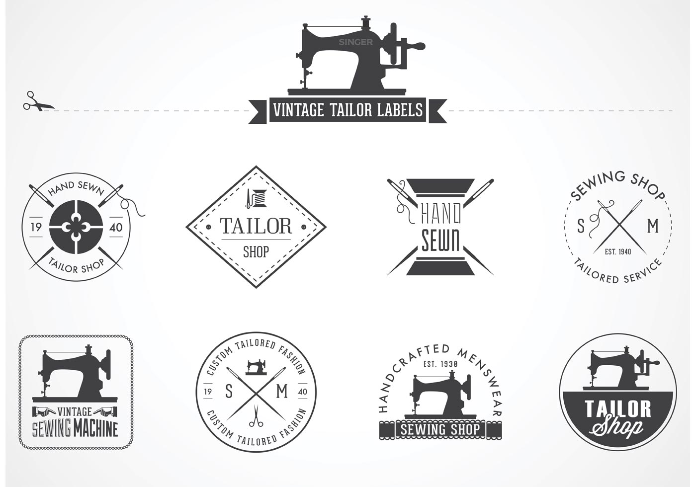 A set of 9 vector vintage tailor labels, emblems and designed elements such...