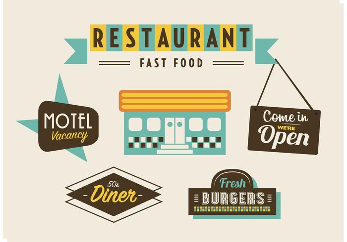 50s Diner, Motel y paquete de comida rápida vector