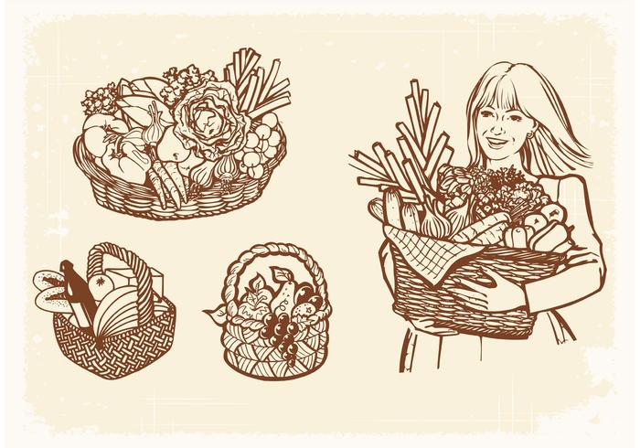 Free Vector Drawn Old Baskets With Food