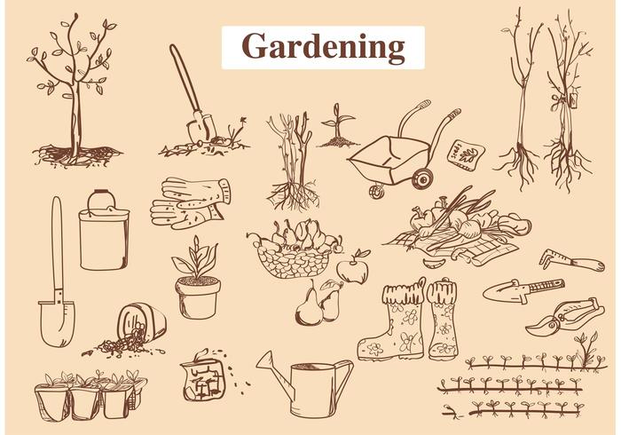Mano dibujados vectores de herramientas de jardín