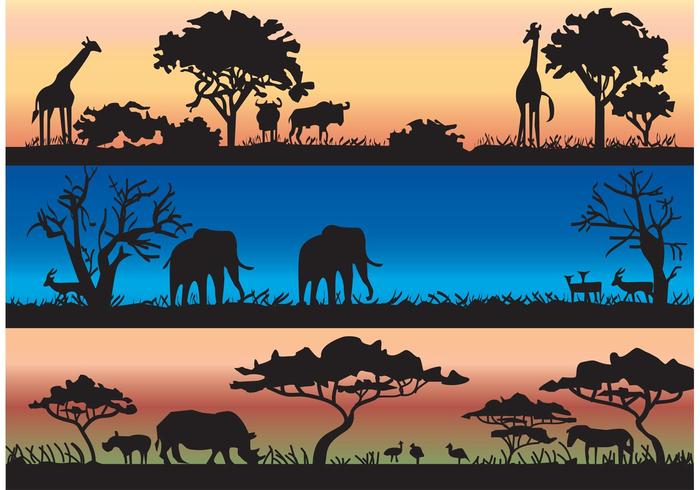 Vector siluetas con animales salvajes africanos y árboles de acacia