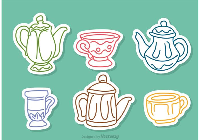 Colorful Tea Set Outline Vectors