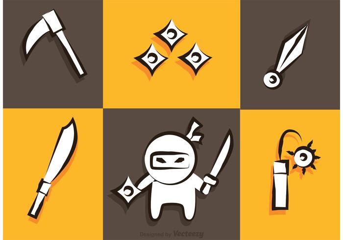 Ninja And Weapons Icons Vector