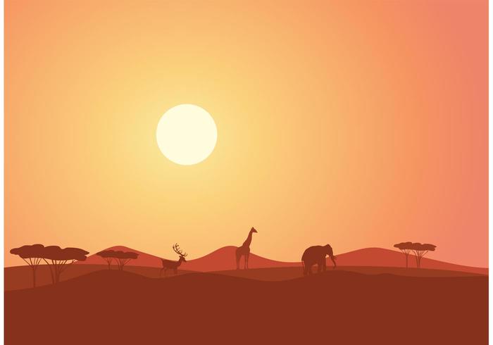 Paisaje africano libre en el vector de la puesta del sol