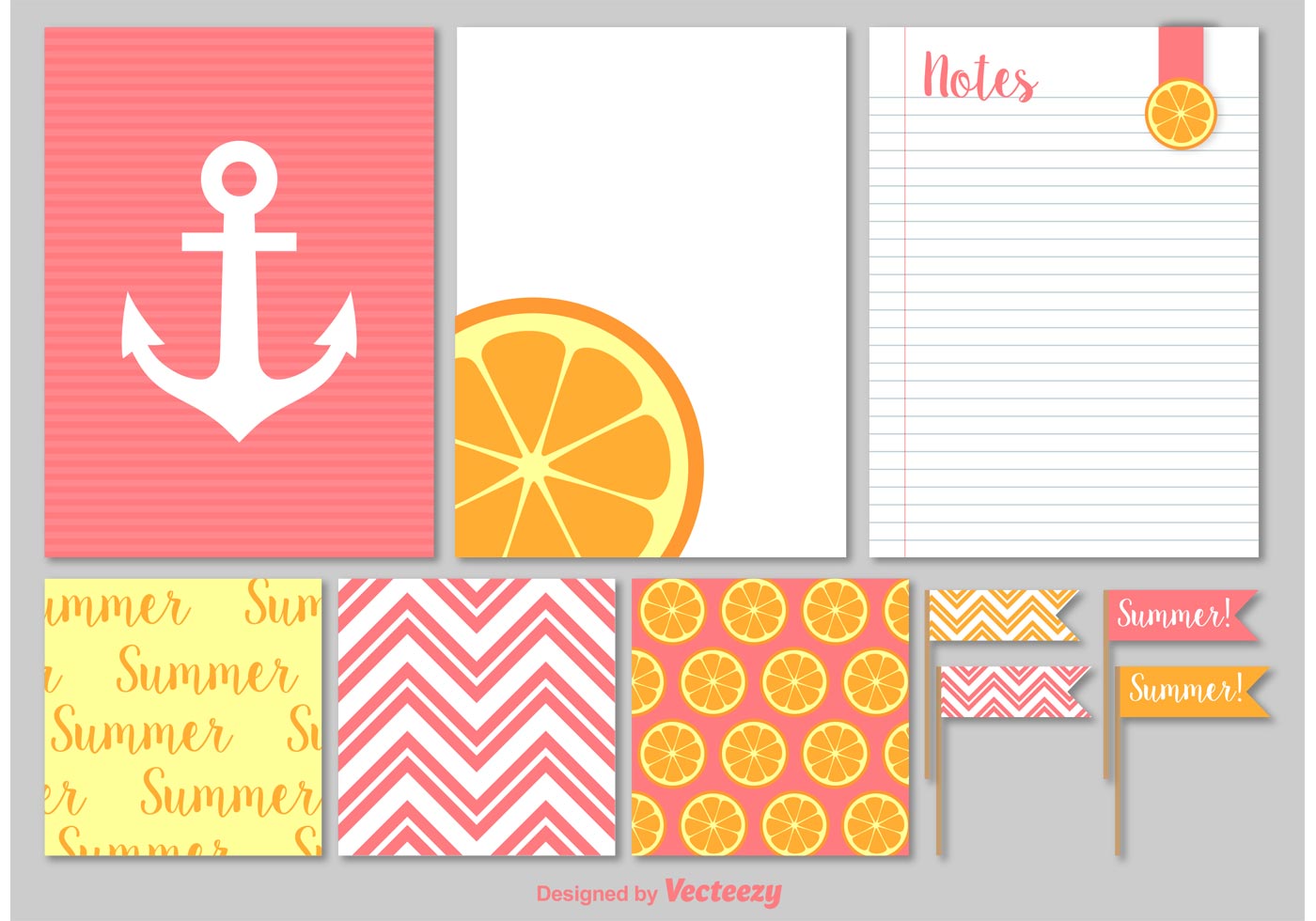 summer notes and paper scrapbook vector elements