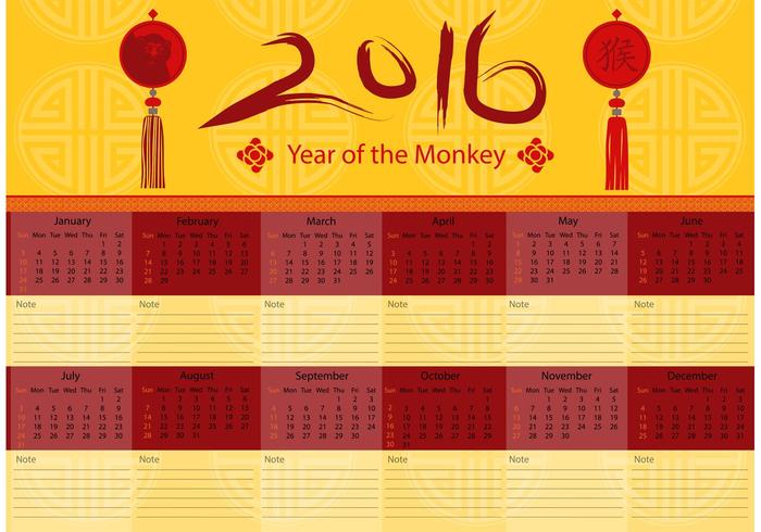 Chinese 2016 Calendar Vector