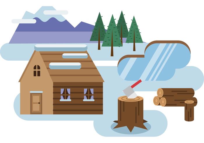 Cabina de madera Snowy Vector Paisaje