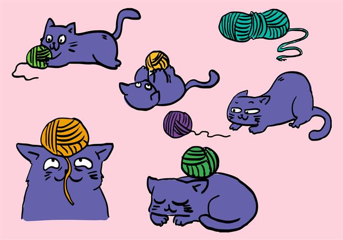 Cat With Ball Of Yarn Set vector