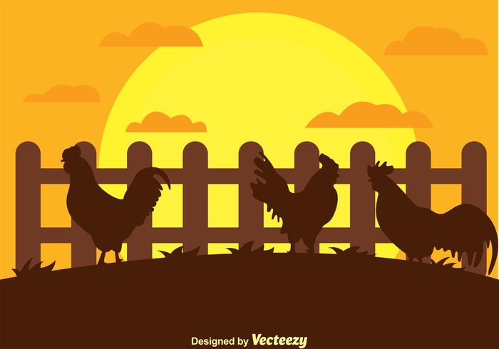 Rooster Silhouette on a Farm Vector