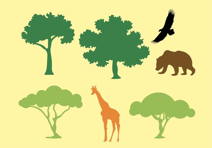 Vector Silhouette of Trees and Animals