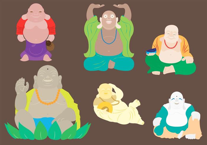 Ilustraciones Vectoriales de Fat Buddha en seis diferentes posiciones del cuerpo vector