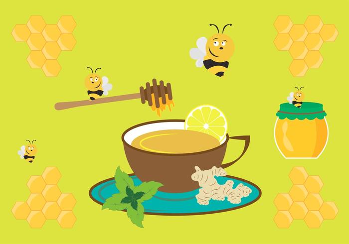 Vector Illustration with Cup of Ginger Tea and Other Ingredients