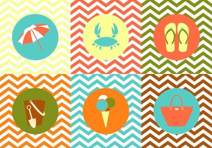 Colección de objetos de verano en Zig Zag fondo multicolor vector