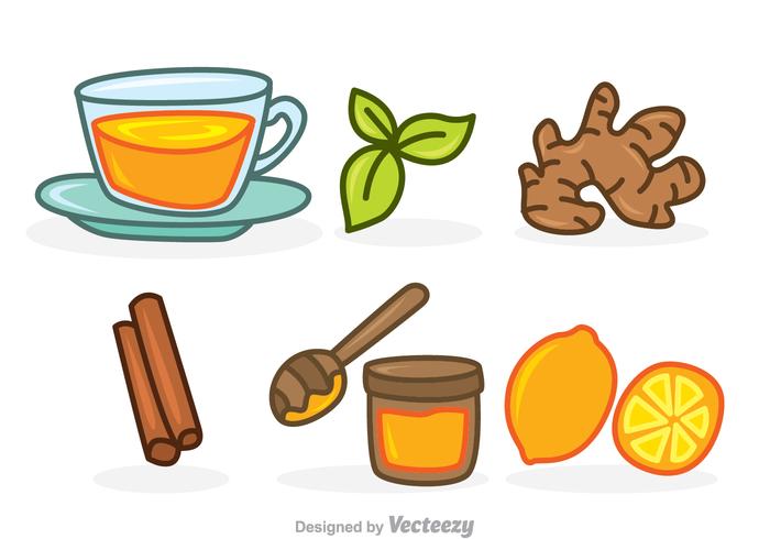 Íconos del conjunto de dibujos animados de té de hierbas vector