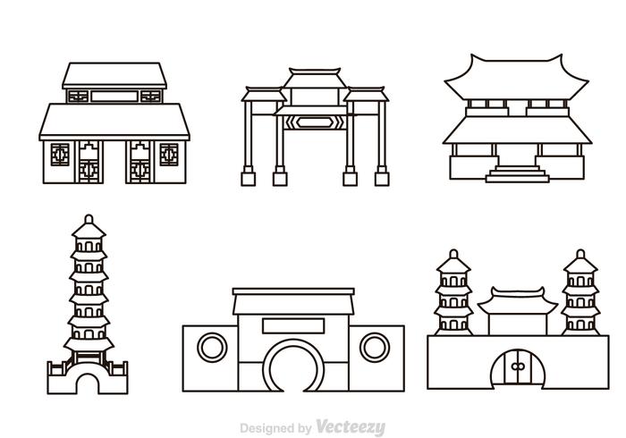 Chinese Temple Outline Icons vector