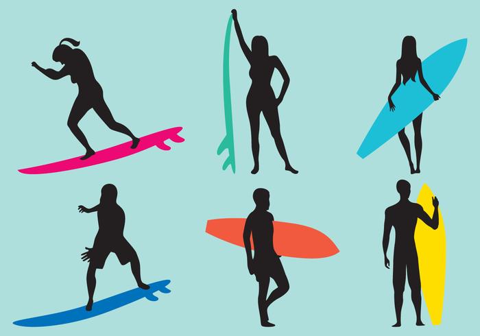 Woman And Man Surfing Silhouette Vectors