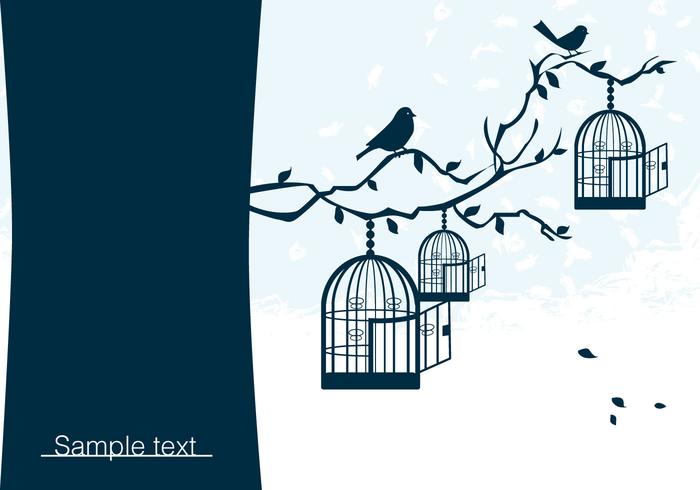 Birds on Branch with Birdcage Vector