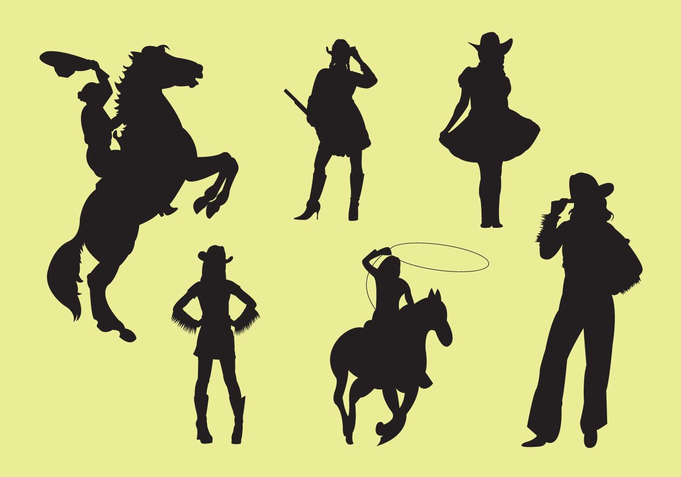 Silhouette of six cowgirls in different body positions.