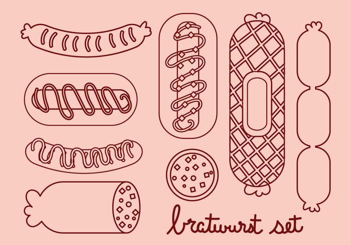 Bratwurst, salchicha, línea, icono, conjunto vector