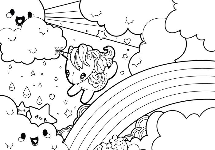 Rainy Rainbow Unicorn Scene Coloring Page vector