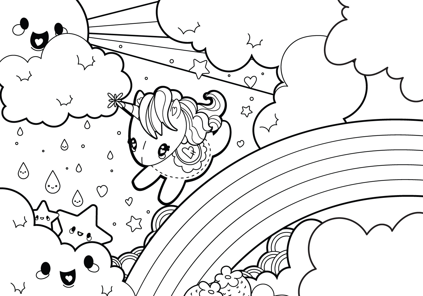 rainy rainbow unicorn scene coloring page 99044 vector art at vecteezy