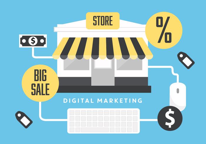 Vector libre plano de comercialización de fondo vectorial con tienda