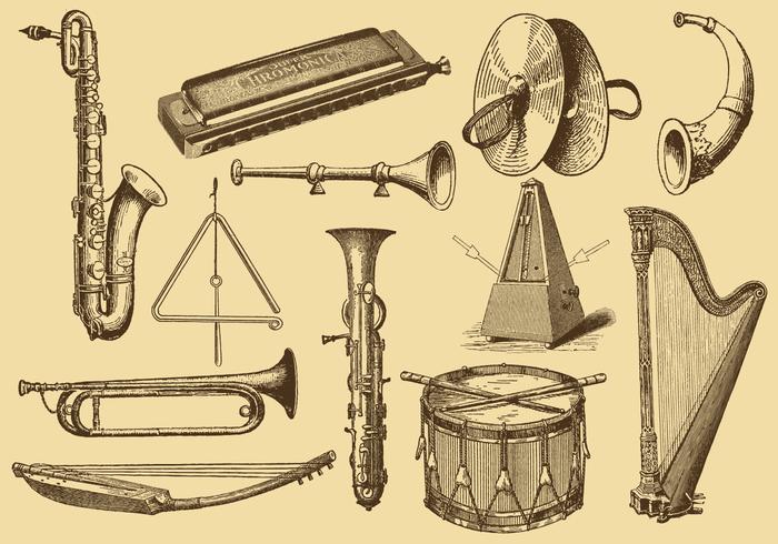 Instrumentos musicales de dibujo de estilo antiguo vector