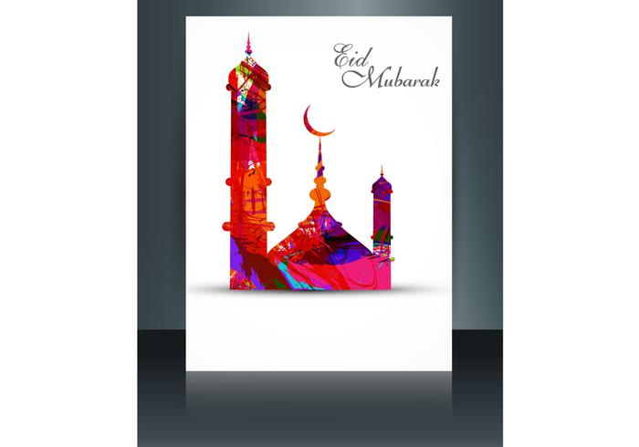 Eid Mubarak con la mezquita en tarjeta vector