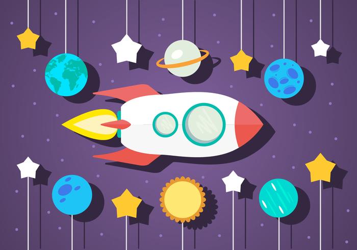 Flat Space Vector Illustration With Space Ship