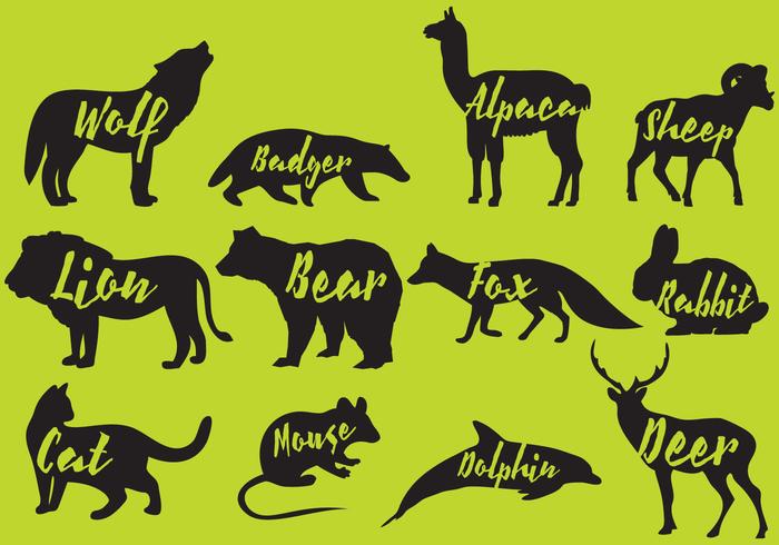 Mammals Silhouettes With Names vector