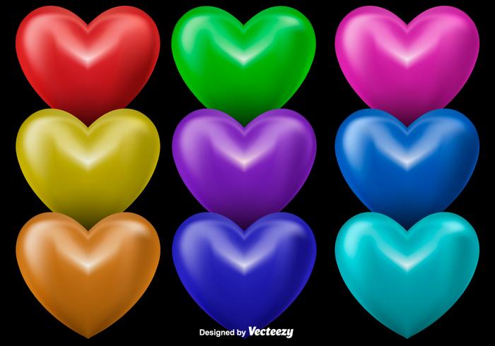 3D corazones brillantes, conjunto de 9 corazones de colores vector