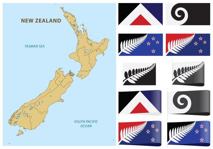 New Zealand Map And Flags vector