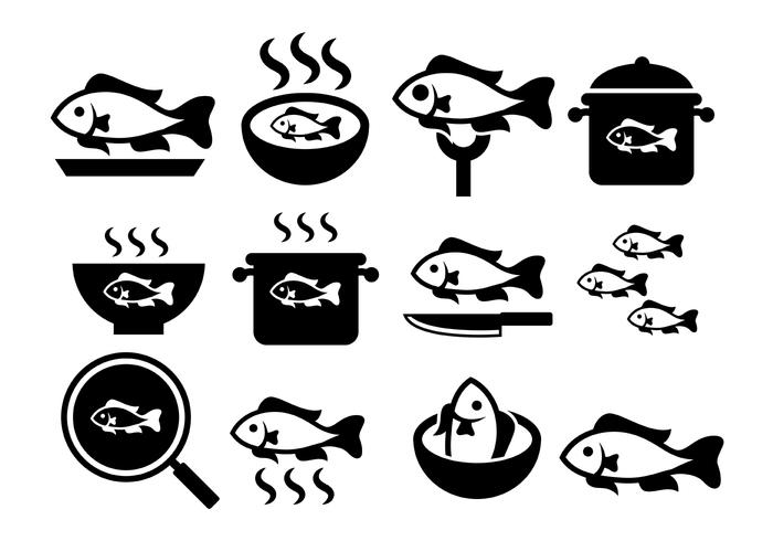 Iconos de vector de la fritada de pescado