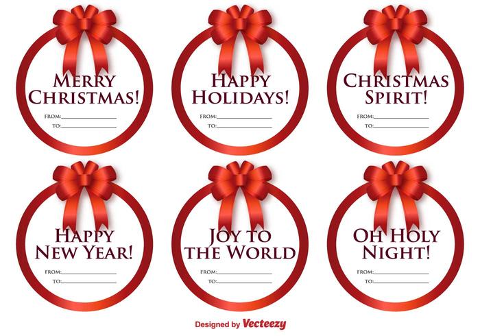 Vector Set Of Round Labels With Christmas Messages And Bows