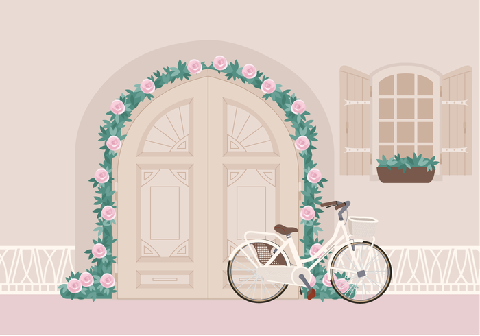 Vector hermosa bicicleta en la ilustración de la puerta