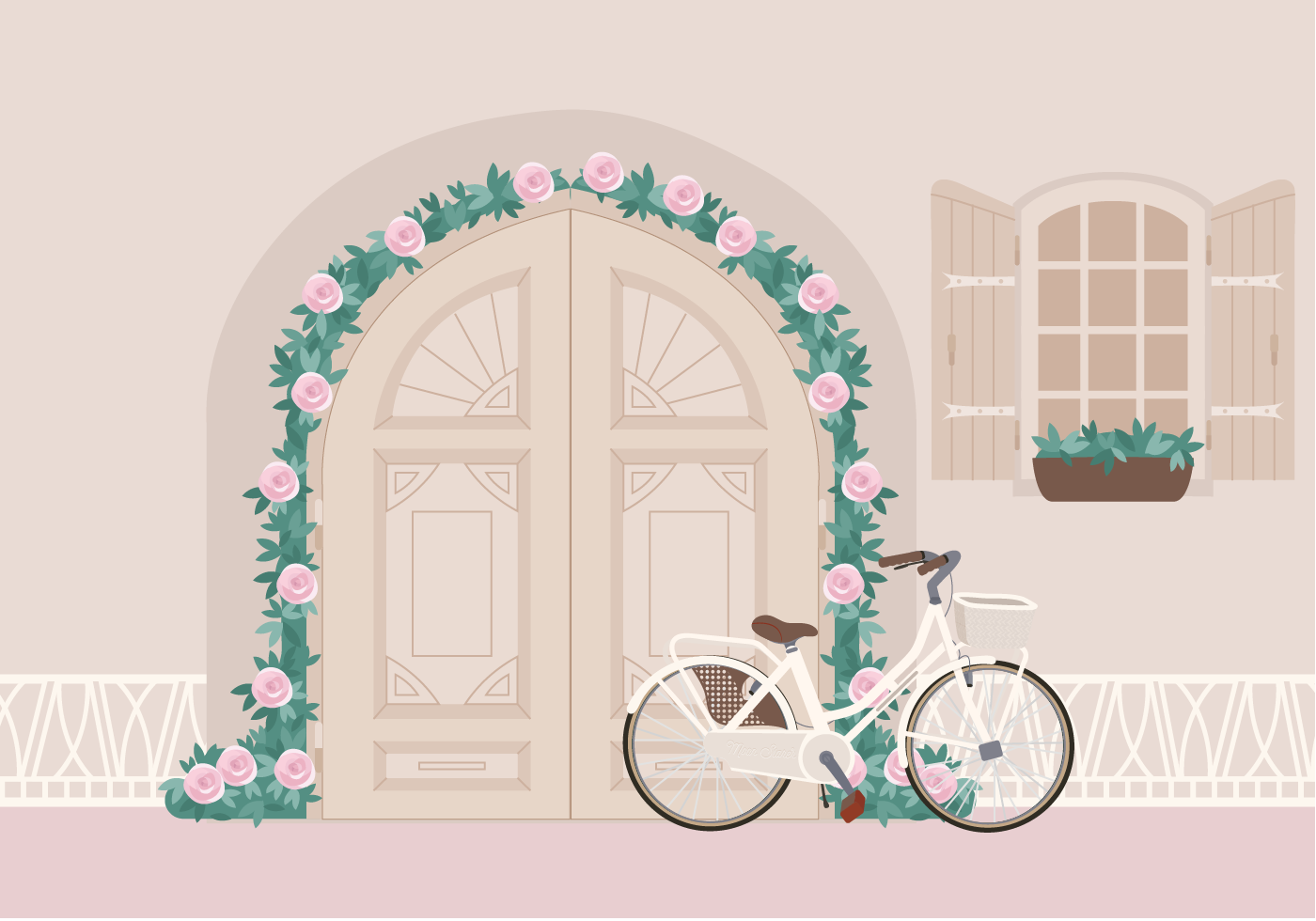 Vector Beautiful Bike at Door Illustration - Download Free