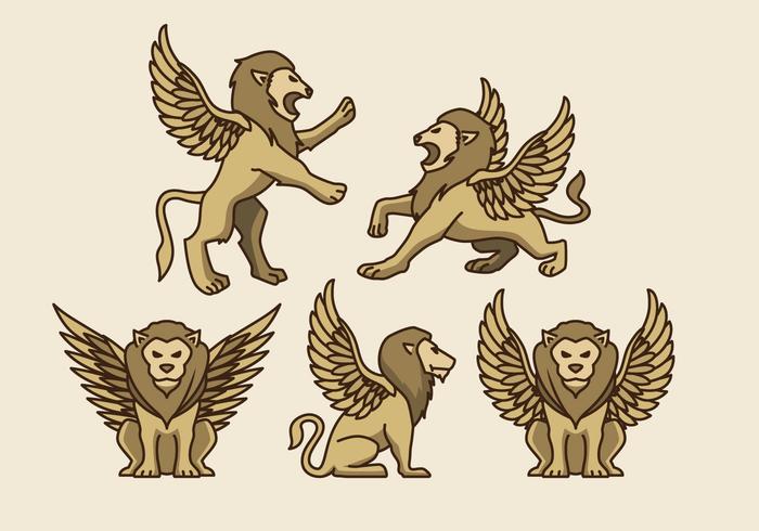 Vectores simbólicos dorados del león con alas