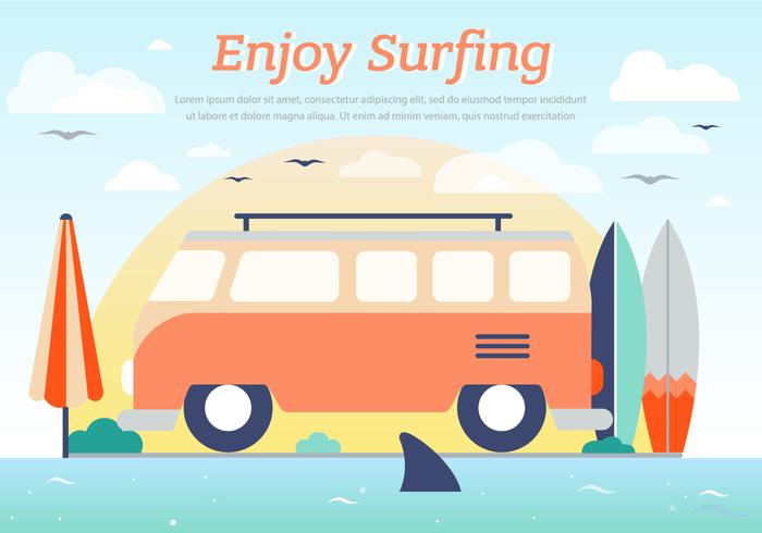 Hippie Bus Surfing Vector Background