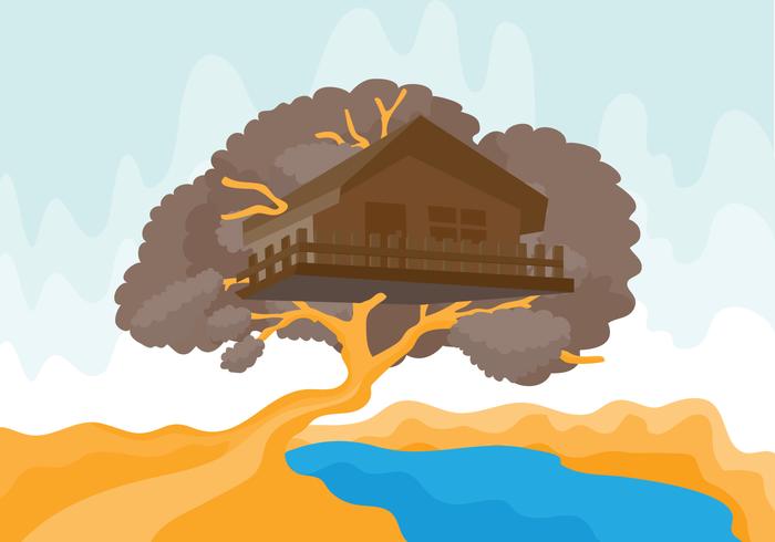 Tree House with River Vector Illustration