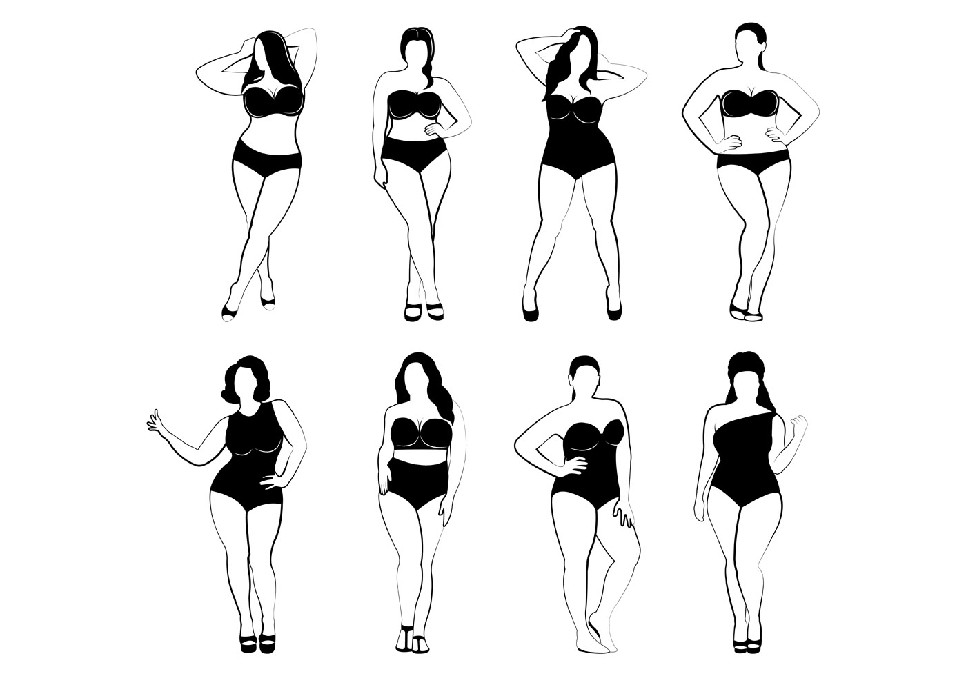 Vector collection of plus size women with various forms. 