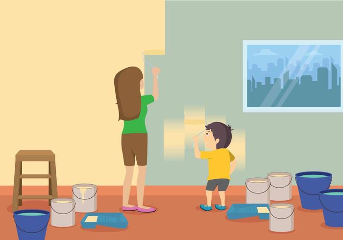 Madre y Niño pintando la ilustración gratis vector