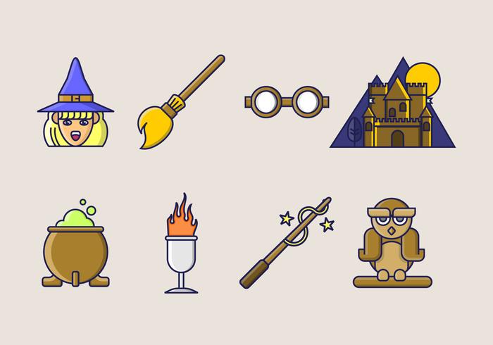Set of witch and wizard thick line art elements vector