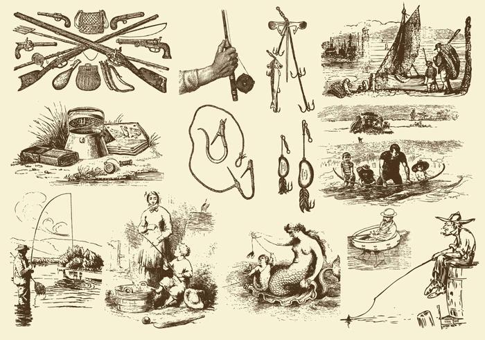 Sepia Fishing Rod Illustrations vector